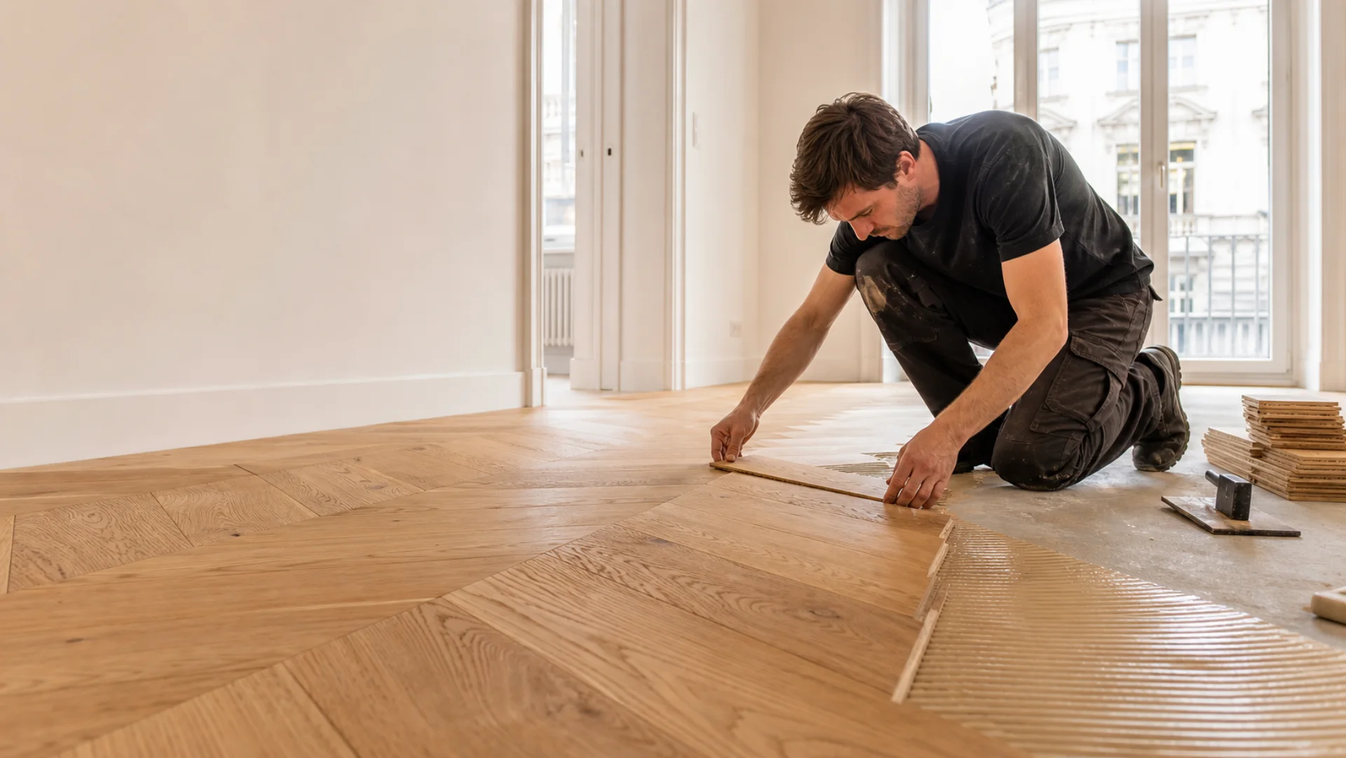 Bodenleger verlegt einen hochwertigen Holzboden in einer Wiener Wohnung