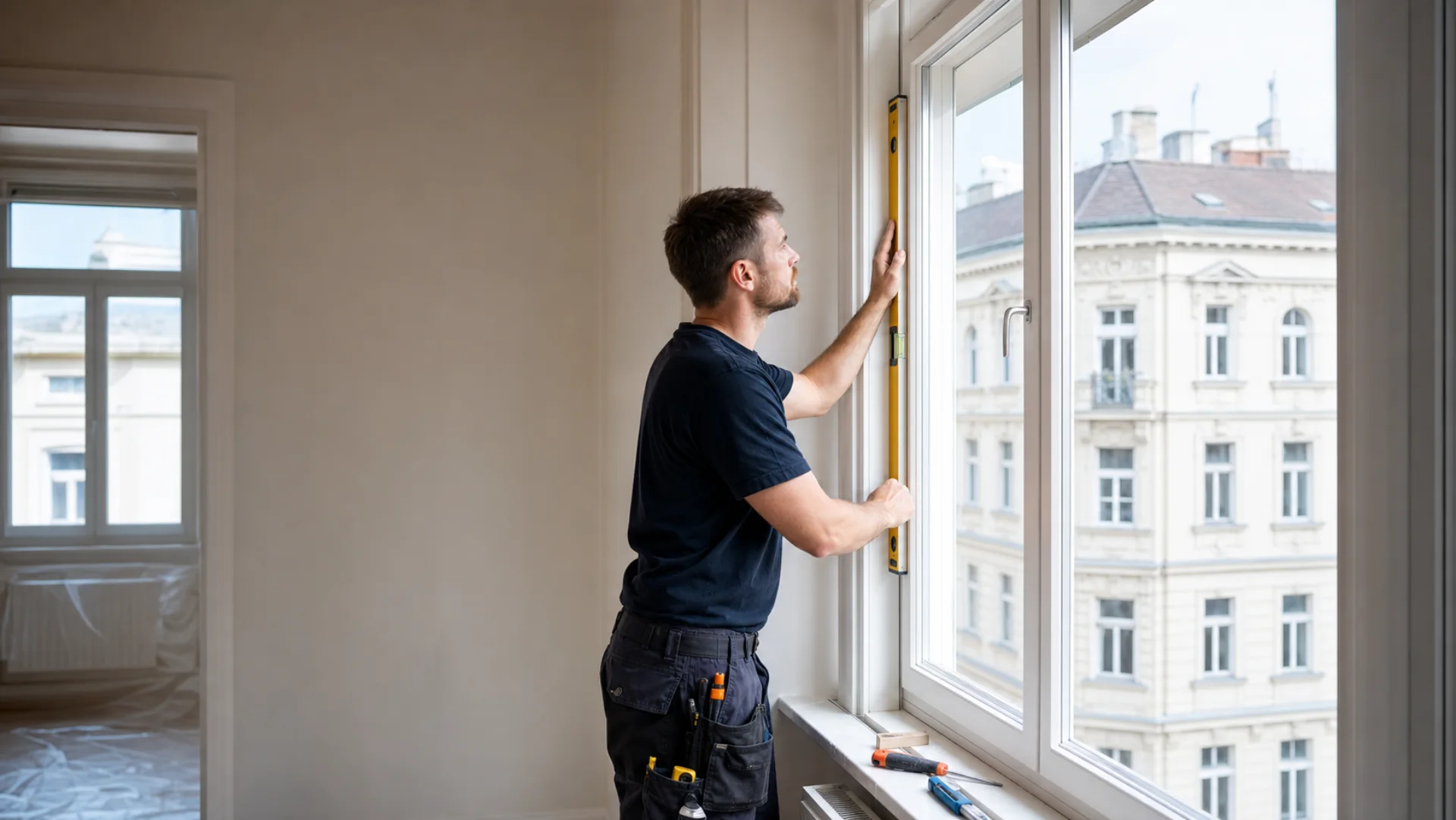 Fensterservicetechniker kontrolliert die Ausrichtung eines Fensters in Wien