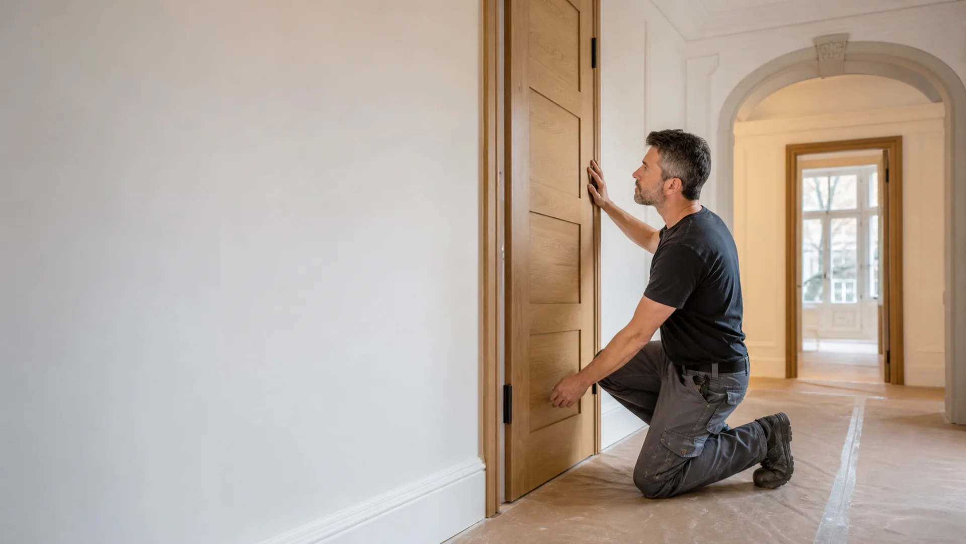 Türmonteur richtet eine Holztür mit Zarge in einer Wiener Altbauwohnung aus